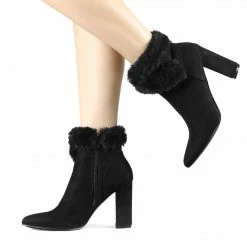 Allegra K Women's Faux Fur Pointed Toe Chunky Heel Ankle Boots