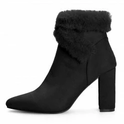 Allegra K Women's Faux Fur Pointed Toe Chunky Heel Ankle Boots