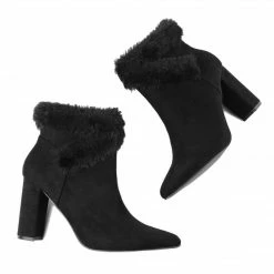 Allegra K Women's Faux Fur Pointed Toe Chunky Heel Ankle Boots