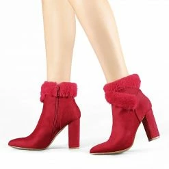 Allegra K Women's Faux Fur Pointed Toe Chunky Heel Ankle Boots