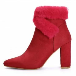 Allegra K Women's Faux Fur Pointed Toe Chunky Heel Ankle Boots