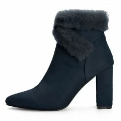 Allegra K Women's Faux Fur Pointed Toe Chunky Heel Ankle Boots