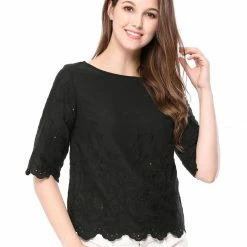 Women Allegra K Elbow Sleeves Round Neck Embroidery Blouse