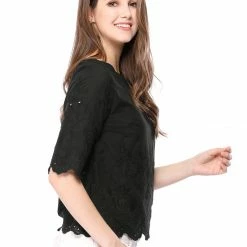 Women Allegra K Elbow Sleeves Round Neck Embroidery Blouse