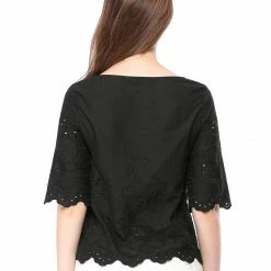 Women Allegra K Elbow Sleeves Round Neck Embroidery Blouse