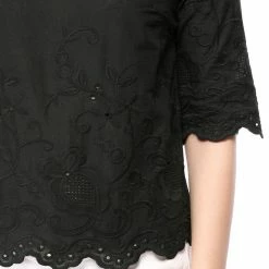Women Allegra K Elbow Sleeves Round Neck Embroidery Blouse