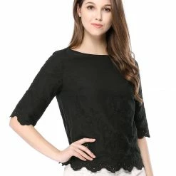 Women Allegra K Elbow Sleeves Round Neck Embroidery Blouse