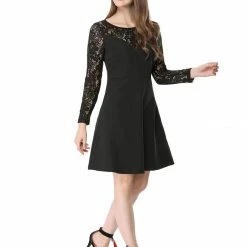 Allegra K Tie Neck Lace Panel Long Sleeve A--line Dress