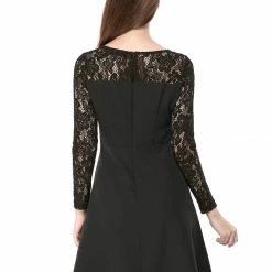 Allegra K Tie Neck Lace Panel Long Sleeve A--line Dress