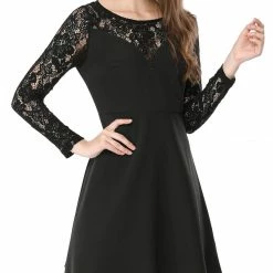 Allegra K Tie Neck Lace Panel Long Sleeve A--line Dress