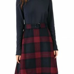 Allegra K Plaids Long Sleeve Round Neck A-Lined Dress With Belt Women