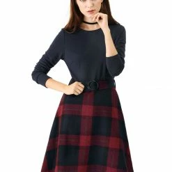 Allegra K Plaids Long Sleeve Round Neck A-Lined Dress With Belt Women