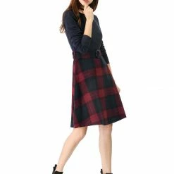 Allegra K Plaids Long Sleeve Round Neck A-Lined Dress With Belt Women
