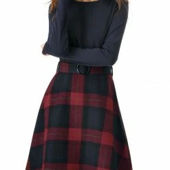 Allegra K Plaids Long Sleeve Round Neck A-Lined Dress With Belt Women