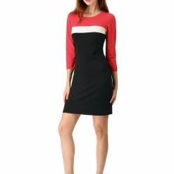 Allegra K Women's Crew Neck Color Block Stretched Bodycon Knitted Sweater Dress