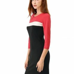 Allegra K Women's Crew Neck Color Block Stretched Bodycon Knitted Sweater Dress