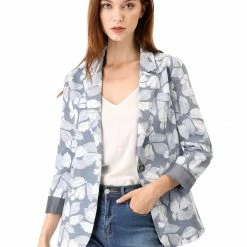 Women Allegra K Classic One Button Suit Blazer In Leaf Prints
