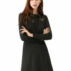 Allegra K Tie Neck Lace Panel Long Sleeve A--line Dress