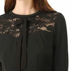 Allegra K Tie Neck Lace Panel Long Sleeve A--line Dress