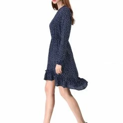 Allegra K Women's V Neck Polka Dots Ruffle High Low Dress