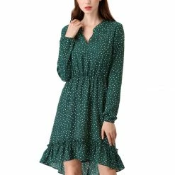 Allegra K Women's V Neck Polka Dots Ruffle High Low Dress