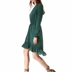 Allegra K Women's V Neck Polka Dots Ruffle High Low Dress