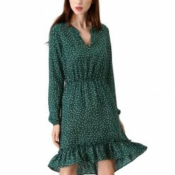 Allegra K Women's V Neck Polka Dots Ruffle High Low Dress