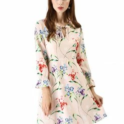 Allegra K Tie V Neck Bell Sleeves Floral Print A-Line Dress Women