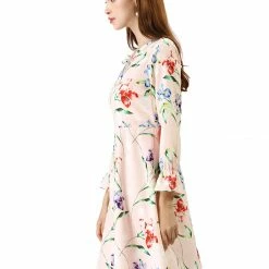 Allegra K Tie V Neck Bell Sleeves Floral Print A-Line Dress Women