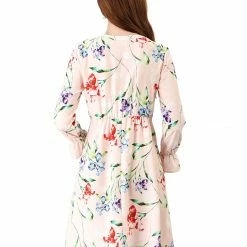 Allegra K Tie V Neck Bell Sleeves Floral Print A-Line Dress Women