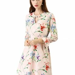 Allegra K Tie V Neck Bell Sleeves Floral Print A-Line Dress Women