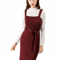 Allegra K Women's Jumper Dress Button Front Bow Tie Waist Slim Fit Pinafore Overall Pencil Dress