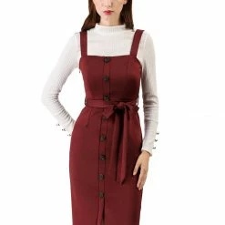 Allegra K Women's Jumper Dress Button Front Bow Tie Waist Slim Fit Pinafore Overall Pencil Dress