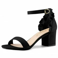 Allegra K Women's Ruffle Ankle Strap Block Heel Sandals Shoes