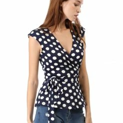 Allegra K V Neck Sleeveless Self Tie Wrap Front Dotted Top