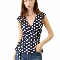 Allegra K V Neck Sleeveless Self Tie Wrap Front Dotted Top