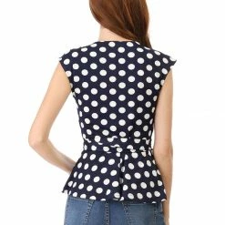 Allegra K V Neck Sleeveless Self Tie Wrap Front Dotted Top