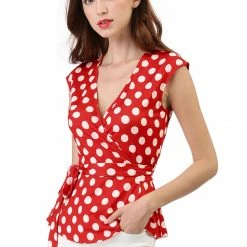 Allegra K V Neck Sleeveless Self Tie Wrap Front Dotted Top