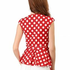 Allegra K V Neck Sleeveless Self Tie Wrap Front Dotted Top