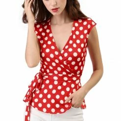 Allegra K V Neck Sleeveless Self Tie Wrap Front Dotted Top