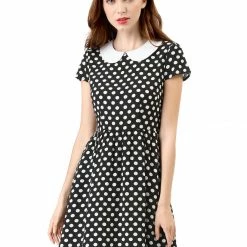 Allegra K Peter Pan Collar Contrast Polka Dot Dress Women