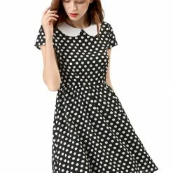 Allegra K Peter Pan Collar Contrast Polka Dot Dress Women