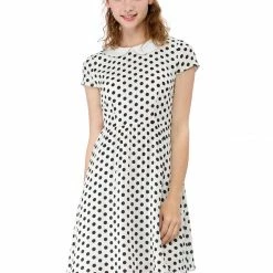 Allegra K Peter Pan Collar Contrast Polka Dot Dress Women