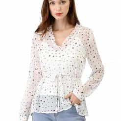Women Allegra K Cami Set Semi Sheer Ruffle Dots Chiffon Peplum Top
