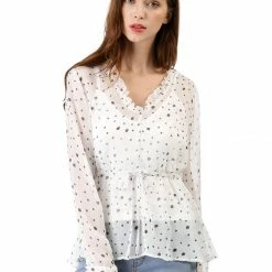 Women Allegra K Cami Set Semi Sheer Ruffle Dots Chiffon Peplum Top