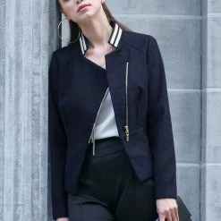 Women Allegra K Contrast Collar Zip Up Lightweight Biker Jacket