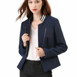 Women Allegra K Contrast Collar Zip Up Lightweight Biker Jacket
