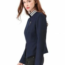 Women Allegra K Contrast Collar Zip Up Lightweight Biker Jacket