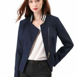 Women Allegra K Contrast Collar Zip Up Lightweight Biker Jacket