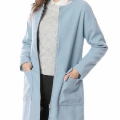 Allegra K Round Neck Zip Up Coat With Flap Pockets Women